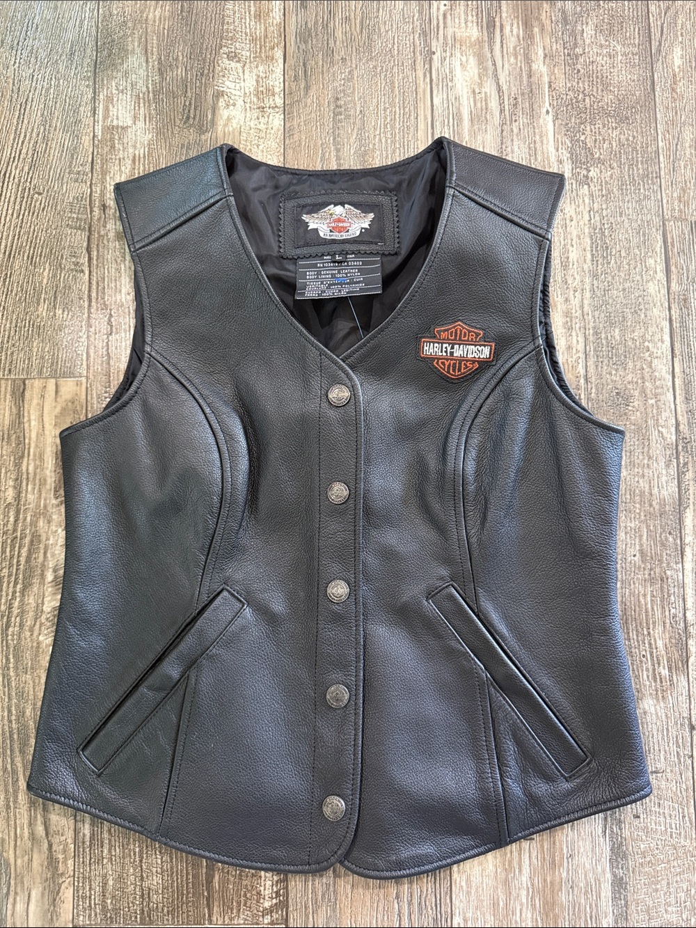 Harley-Davidson Black Leather Women's Snap Vest with Patch, Large